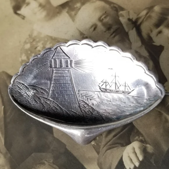 Antique brooch Victorian lighthouse and ship Sterling Silver seashell mermaid - Picture 10 of 16